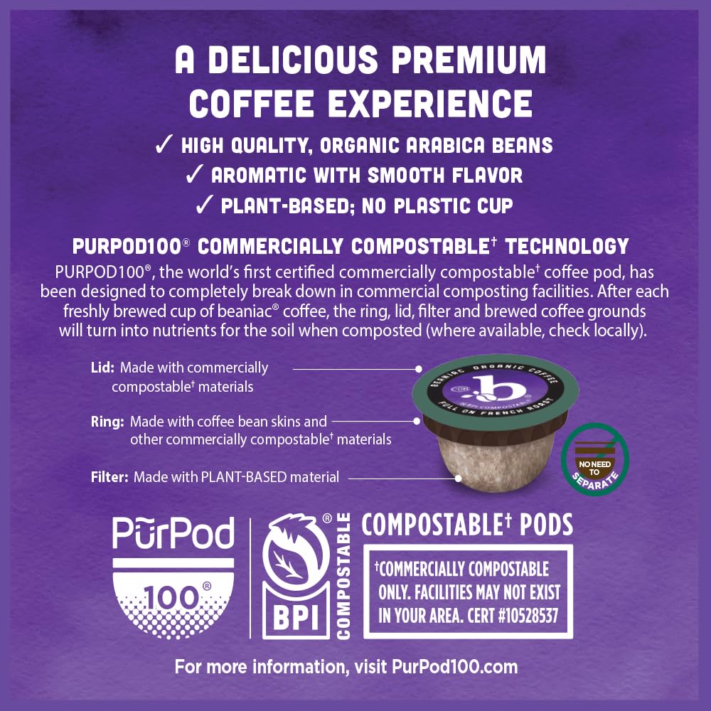 beaniac Organic Full On French Roast, Dark Roast, Single Serve Compostable K Cup Coffee Pods, Organic Arabica Coffee, Keurig Brewer Compatible