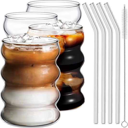 4 Pcs Iced Coffee Glasses with Glass Straws 14oz Thick Drinking Glass Cup Set,Iced Latte Glasses,Cocktail Glasses,Beer