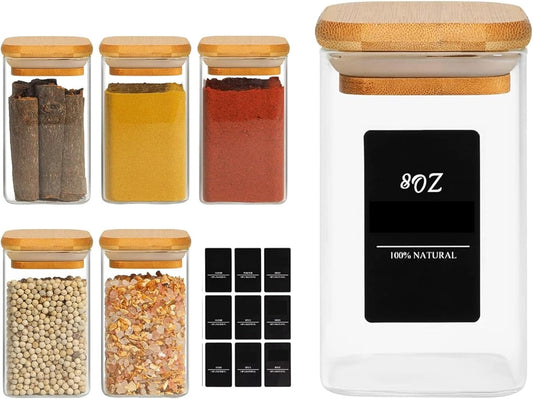 ComSaf 6Pcs 8oz Spice Jars with Label Trial Set, Glass Spice Jars with Bamboo Lids Supplementary Set, Seasoning Container