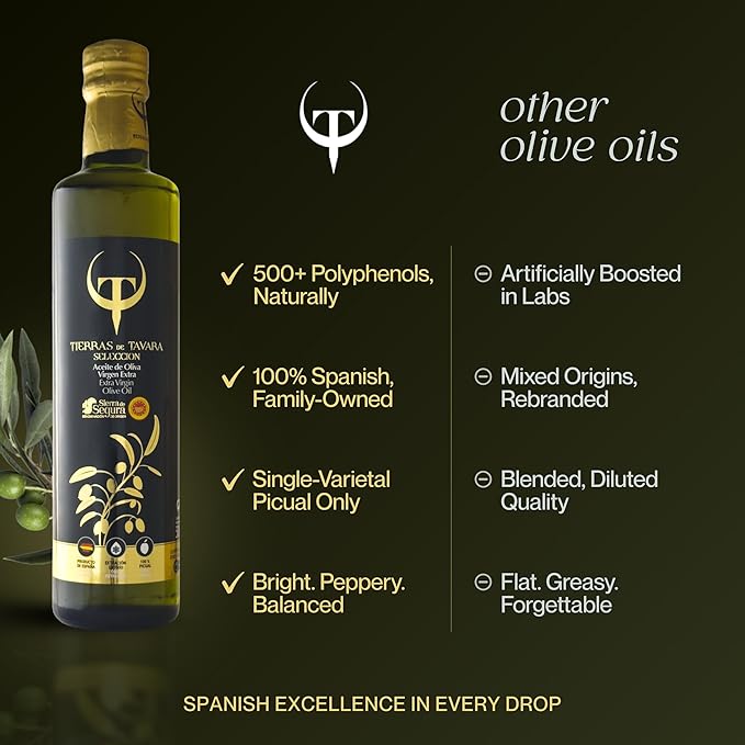 Tierras de Tavara Selection | Ultra High Polyphenol Extra Virgin Olive Oil, First Cold Pressed Spanish EVOO with Multi-Awarded PDO, Single Source, Family Owned | 17 Fl Oz, 500 ml Glass Bottle
