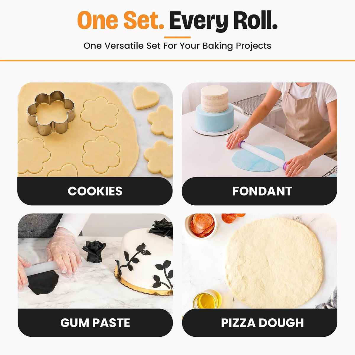 Bakerpan Fondant Roller Set - 3 Fondant Rolling Pins with Thickness Guide Rings for Fondant, Gum Paste, Sugar Paste &amp; Cake Decorating - 19.5", 13" &amp; 9"