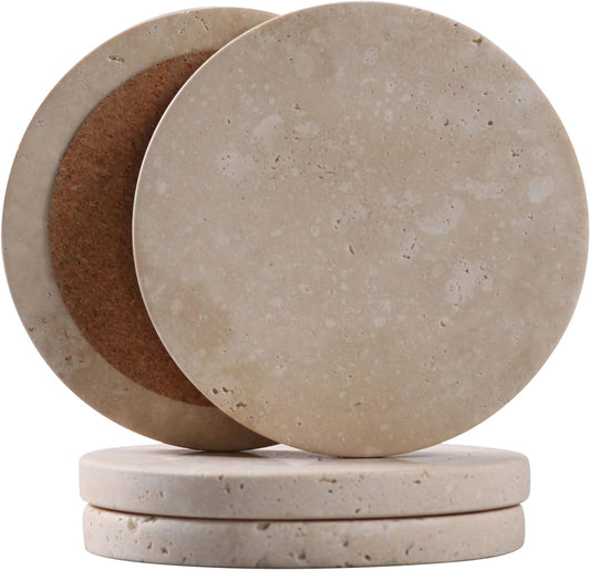 CASACOUTURE-Travertine-Stone-Coasters Set of 4-Round -4" Diameter Drink Coasters for Housewarming Gift, Desktop Protection