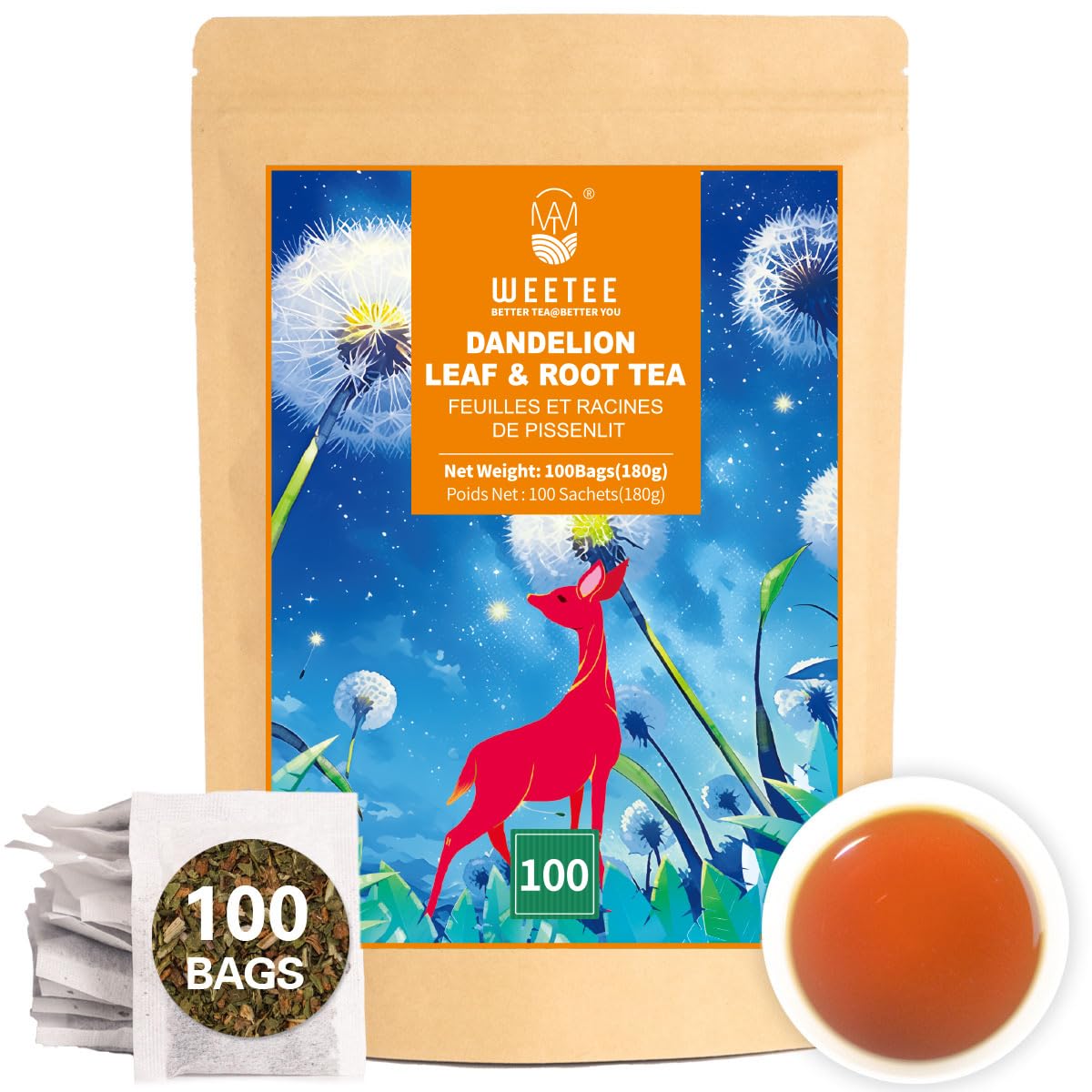WT WEETEE Dandelion Leaf &amp; Root Tea Bags 100ct, Caffeine-free Roasted Aroma | 100% Pure Dandelion Leaf and Roasted Dandelion Root Blend | Soothing Coffee Alternative for Daily Wellness