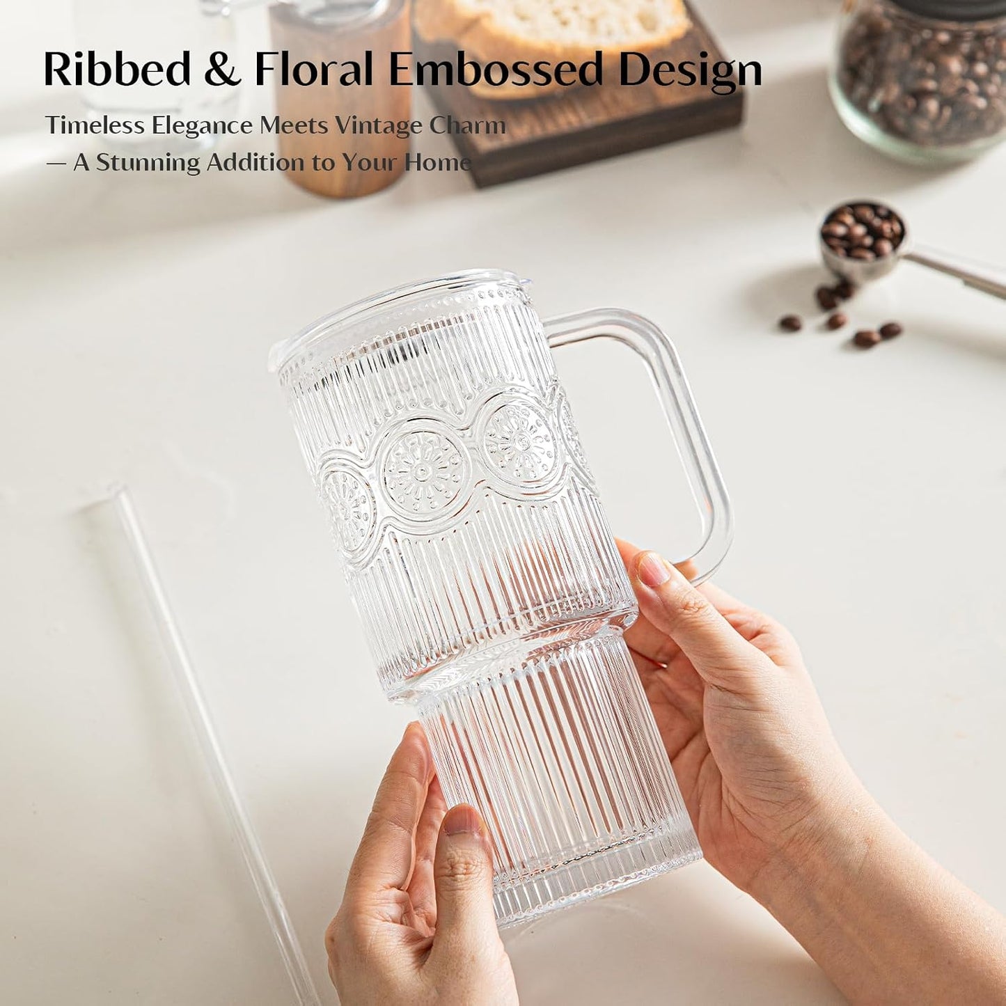 INSETLAN 24 oz Ribbed &amp; Floral Glass Tumblers with Handle, Set of 2 Cups | Iced Coffee Cups with Lids and Straws, Reusable Glass Mugs for Water, Smoothie, Tea, and Juice – Ideal for Daily Use &amp; Travel