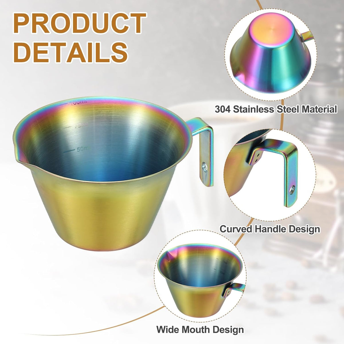 uxcell 2 Pcs Stainless Steel Espresso Cup with Handle, V-Shaped Mouth Espresso Measuring Cup with Scale for Preparing Coffee, Cocktails, 3.4OZ/100ML (Iridescent)