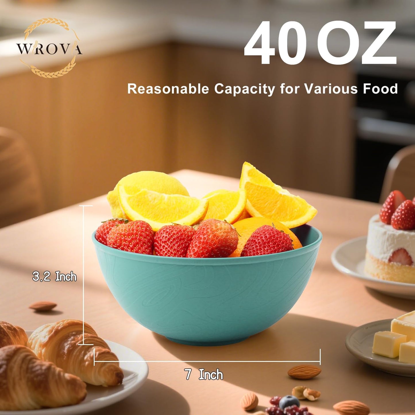 Wrova Wheat Straw Bowls for Kitchen, Anti-Scald Thick Soup Bowls 40oz, 6PCS | Green Plastic Bowls Dishwasher Safe, Microwave Safe Bowls, Plastic Cereal Bowls Reusable, Unbreakable Bowls Easy to Clean