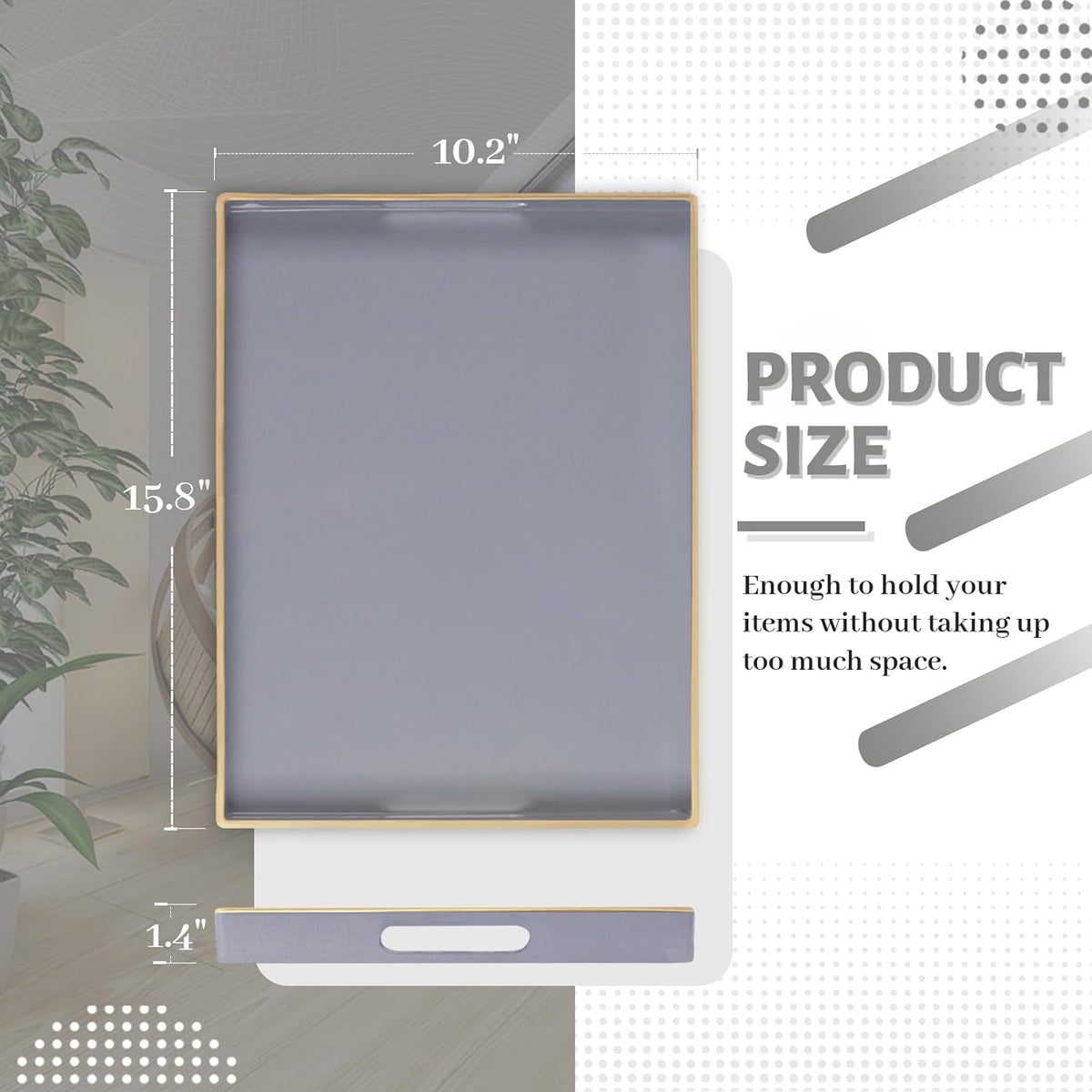 MAONAME Gray Serving Tray with Handles, Modern Grey Decorative Tray for Coffee Table, Plastic Rectangular Gray Trays for Ottoman, Bathroom, Decor, 15.8” x 10.2” x1.4