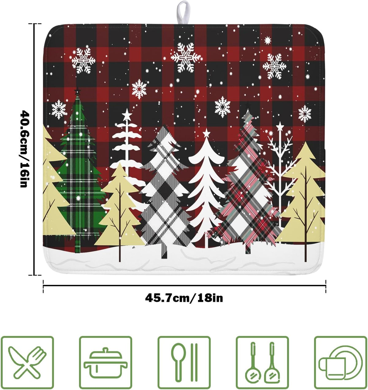Christmas Dish Drying Mat for Kitchen Counter 16”x18” Christmas Tree Buffalo Plaid Dish Draining Mat Ultra Absorbent