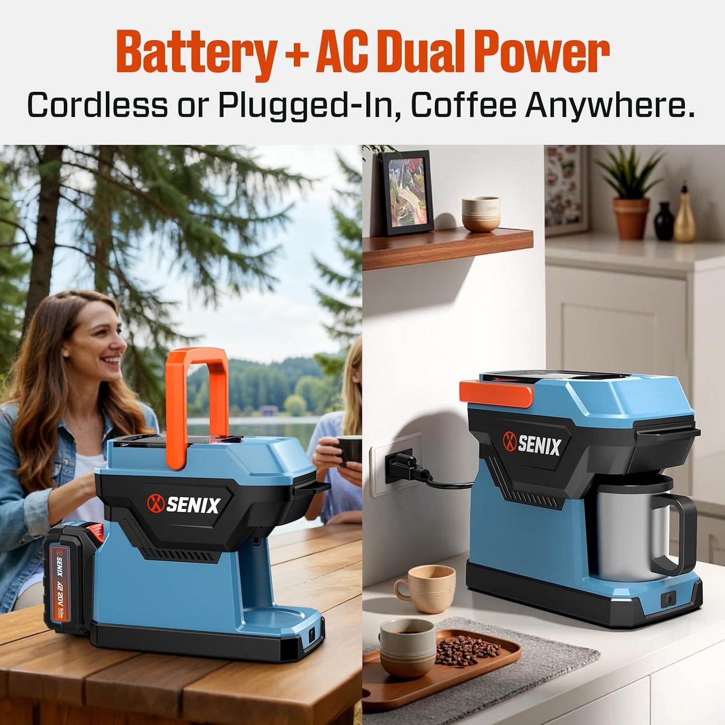 SENIX Portable Coffee Maker with 5000mAh Battery, Dual AC/DC Electric Coffee Machine for Car/RV/Camping, Cordless Outdoor Travel Brewer Compatible with Ground &amp; ESE Pods, Included Cup