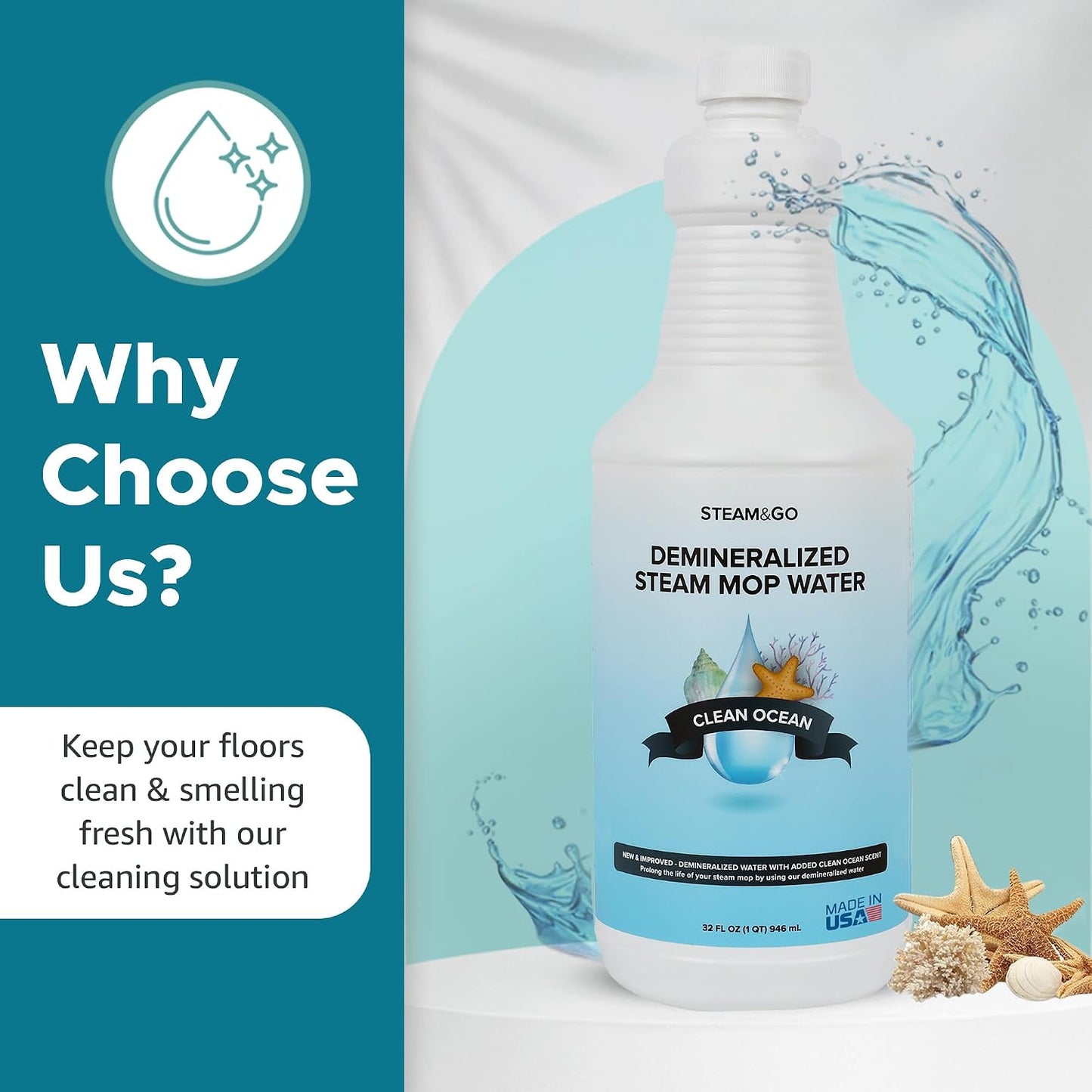 Steam &amp; Go Demineralized Water for Steam Mop – Clean Ocean Scent, 32 oz (Pack of 6) | Scented Floor Cleaner Solution, Ready-to-Use, Compatible with Any Steam Cleaner