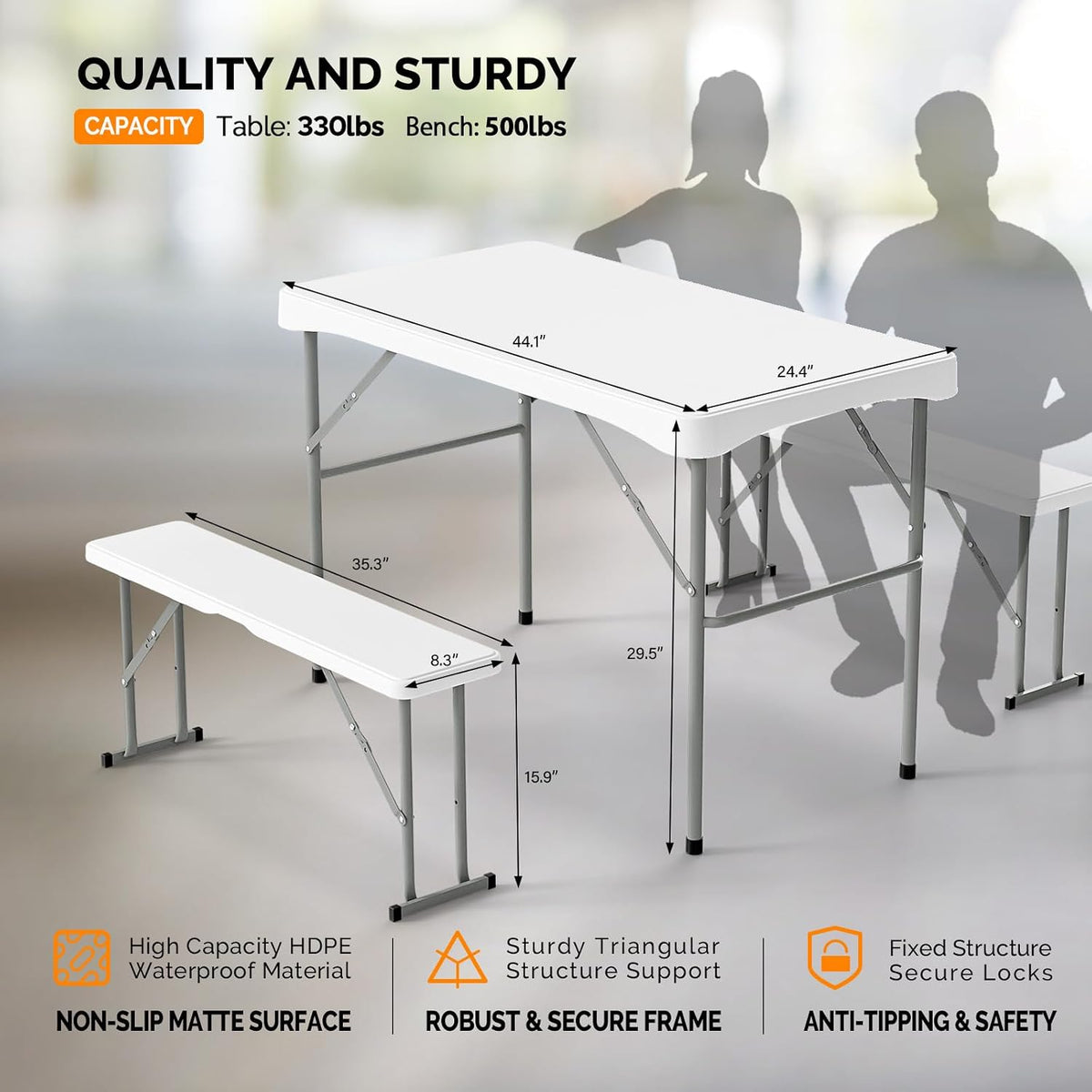 VINGLI Picnic Table Set with 2 Benches, 6 Feet Camping Table Chair Set, Heavy-Duty HDPE Material with Metal Frame, 3-Piece Folding Furniture for Indoor or Outdoor Use (3.5ft White)