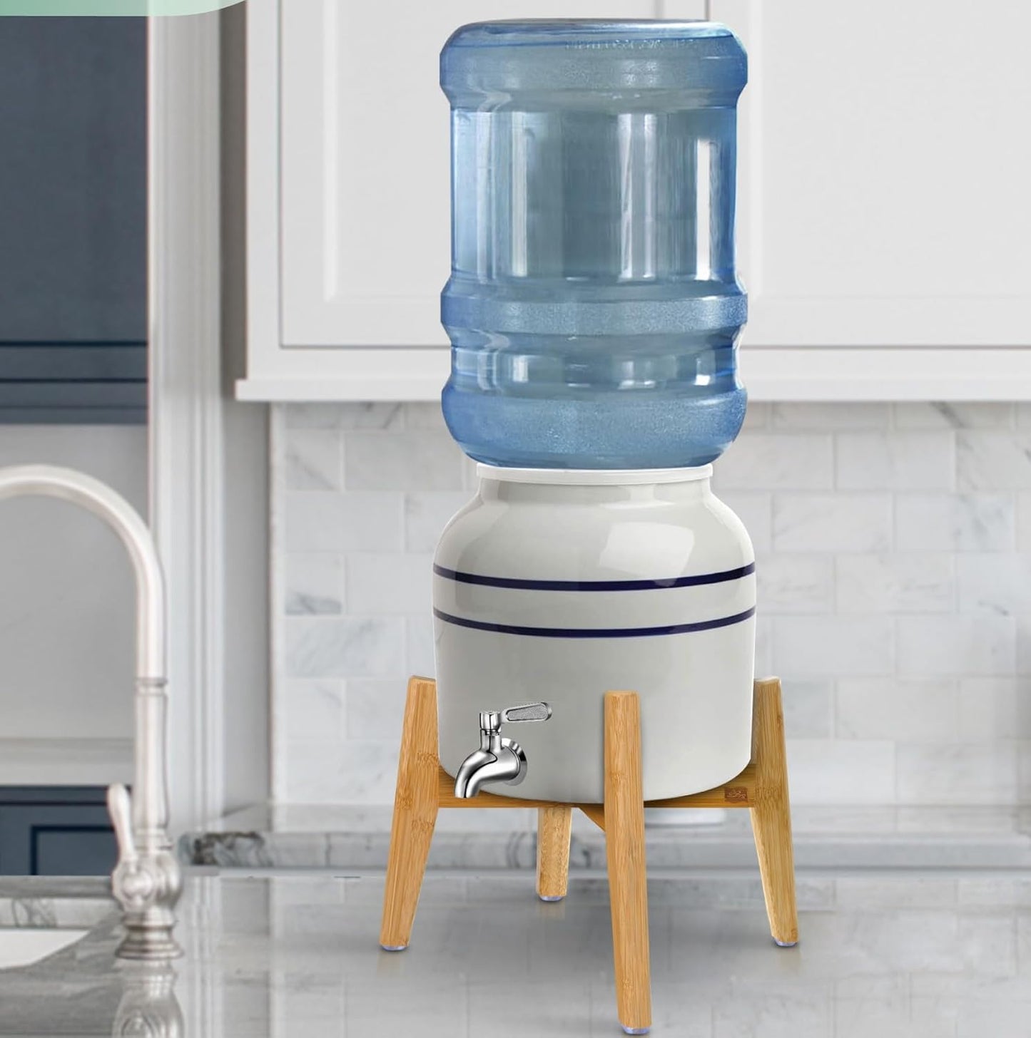 ZPirates 5 Gallon Water Dispenser Stand - Use to Hold Dispensers Jugs Bottles Jars and Ceramic Crocks, Holds 3 to 5-Gal Load, Adjustable - Bamboo Wood