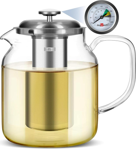 Aquach 68oz Glass Teapot with Built-in Thermometer, Stovetop & Dishwasher Safe, Borosilicate Carafe and Stainless Steel