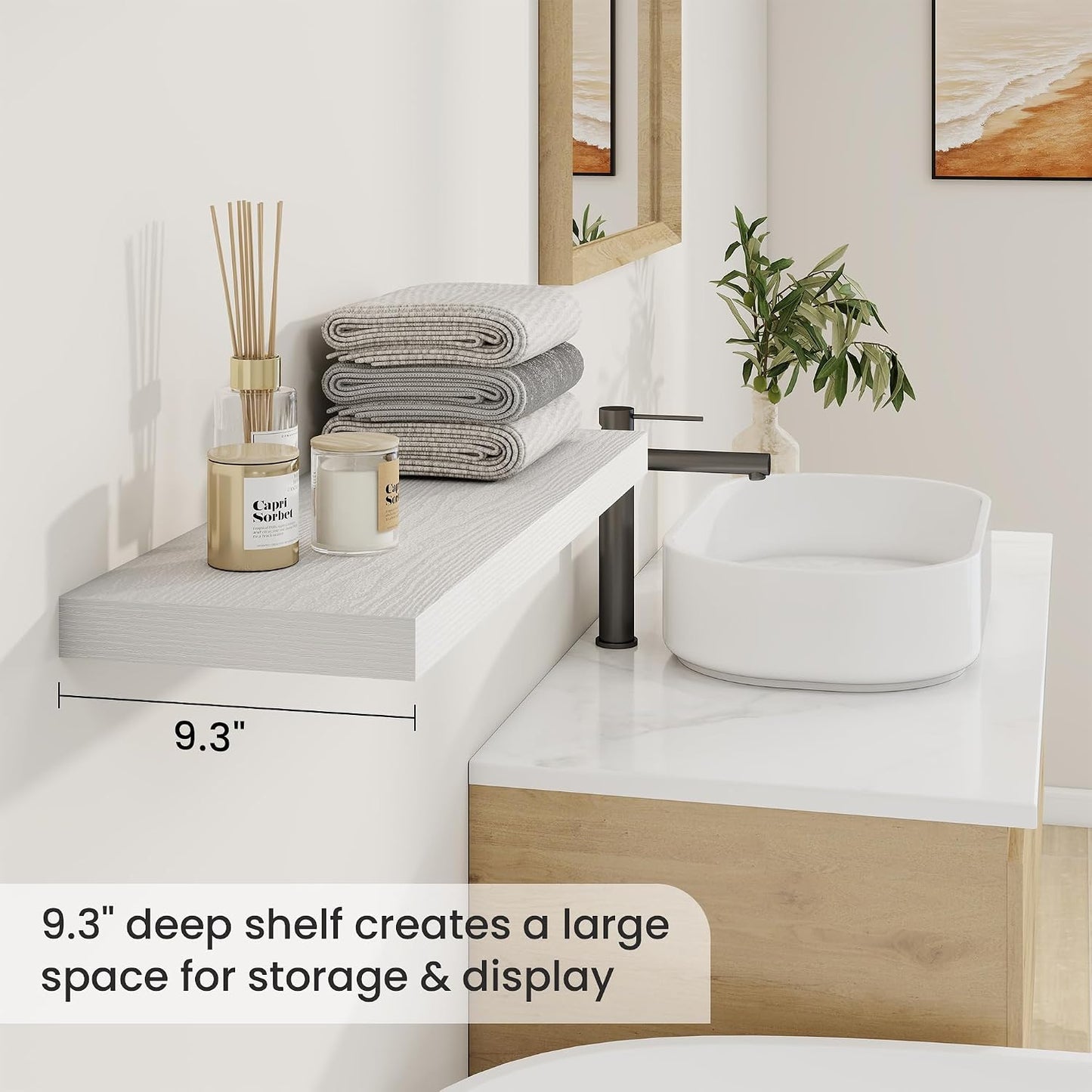 Fun Memories 9.3Inch Deep Floating Shelves for Wall, 30 Inch Rustic Wood Wall Mounted Shelves for Bathroom, Bedroom, Kitchen, Deep Floating Shelf for Storage &amp; Home Decor (White, Set of 2)