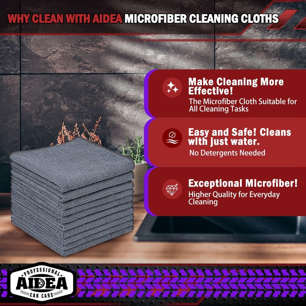 AIDEA Microfiber Cleaning Cloth Grey 10PK, Microfiber Towels 12"×12"