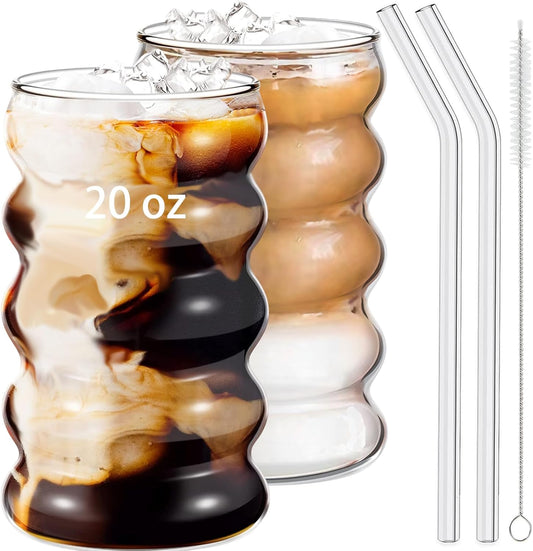 2 Pcs 20oz Drinking Glasses Set with Straws, Cute Iced Coffee Glass Cups, Iced Coffee Tumblers, Thick Drinking Jars for