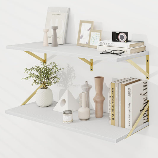 Dreamland White and Gold Shelves,36 inch Shelf, Large Floating Shelf 12 inch Deep Set of 2 for Bookshelf Living Room Bedroom
