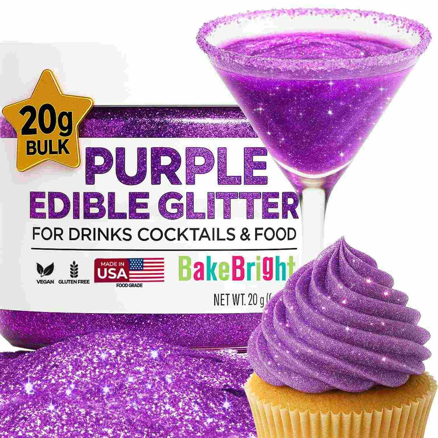 Bulk 20g Purple Edible Glitter for Drinks | Premium Edible Glitter for Cakes, Cocktails, Purple Cake