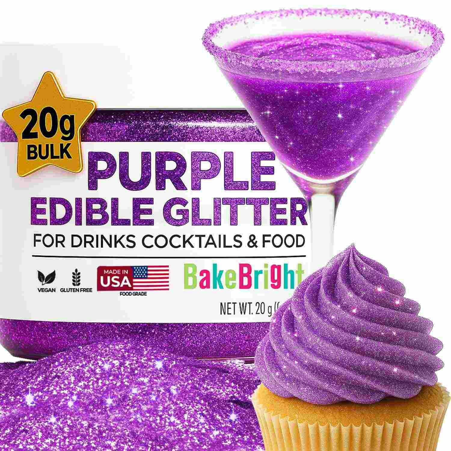 Bulk 20g Purple Edible Glitter for Drinks | Premium Edible Glitter for Cakes, Cocktails, Purple Cake