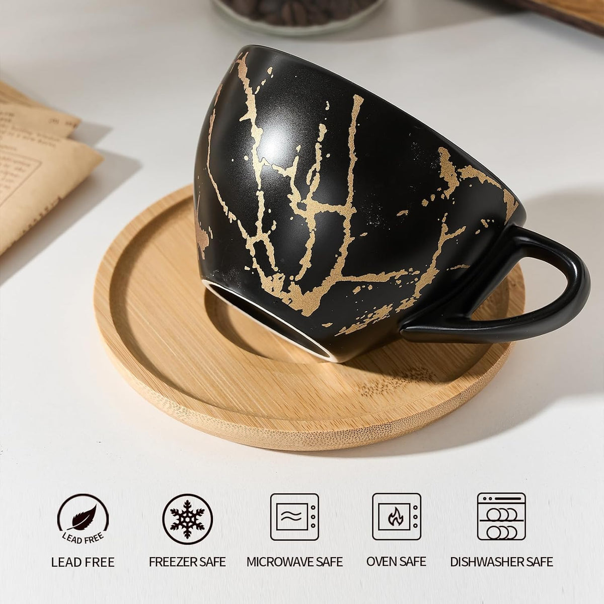 LUKA Ceramic Demitasse Espresso Cups Set with Saucers and Metal Stand, 8 oz Porcelain Stackable Cappuccino Cups Teacup For Tea, Espresso, Latte, Coffee, Cafe Mocha, Set of 4, Black