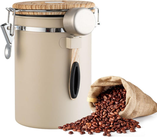 Airtight Coffee Canister 1.8L with Wooden Lid Scoop Set, 304 Stainless Steel Food Storage Container with CO₂ Valve, for
