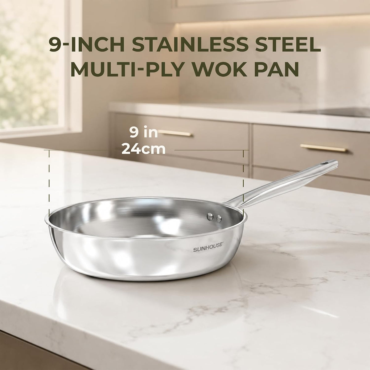 Sunhouse 18/10 9 Inch Stainless Steel Frying Pan, Whole-Clad No Coatings Skillet with Stay-cool Handle for Cooking, Durable & Oven Safe to 500°F, Dishwasher Safe, Compatible with All Cooktops