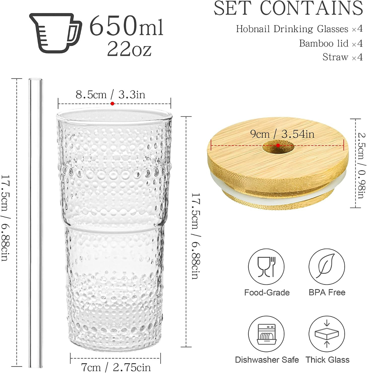 4 Pack 20oz Hobnail Drinking Glasses with Bamboo Lids and Glass Straw