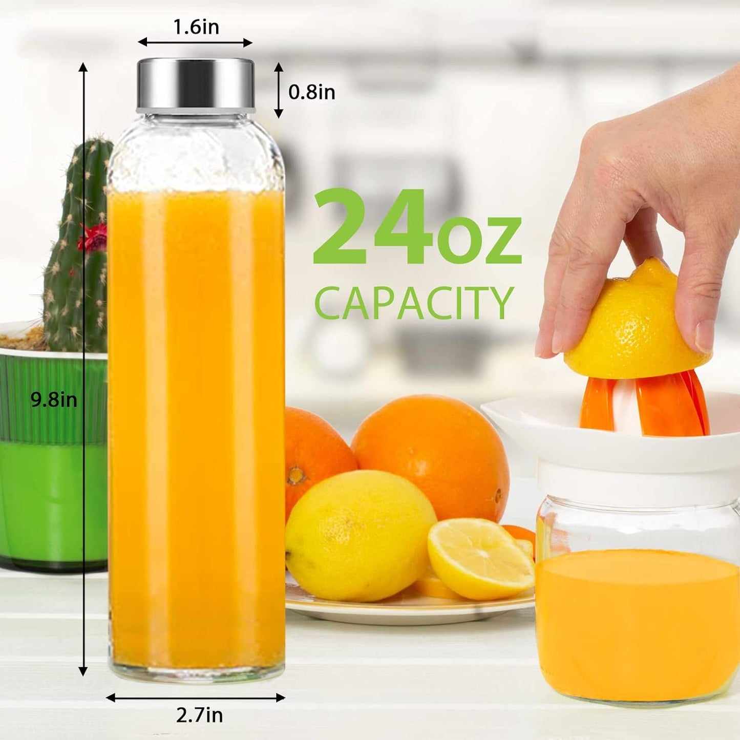 24 oz Clear Glass Bottles with Lids, Reusable Glass Water Bottles with Stainless Steel Cap for Juicing, Refrigerator,100% Leak Proof, BPA Free, Juice Water Bottle Set of 6