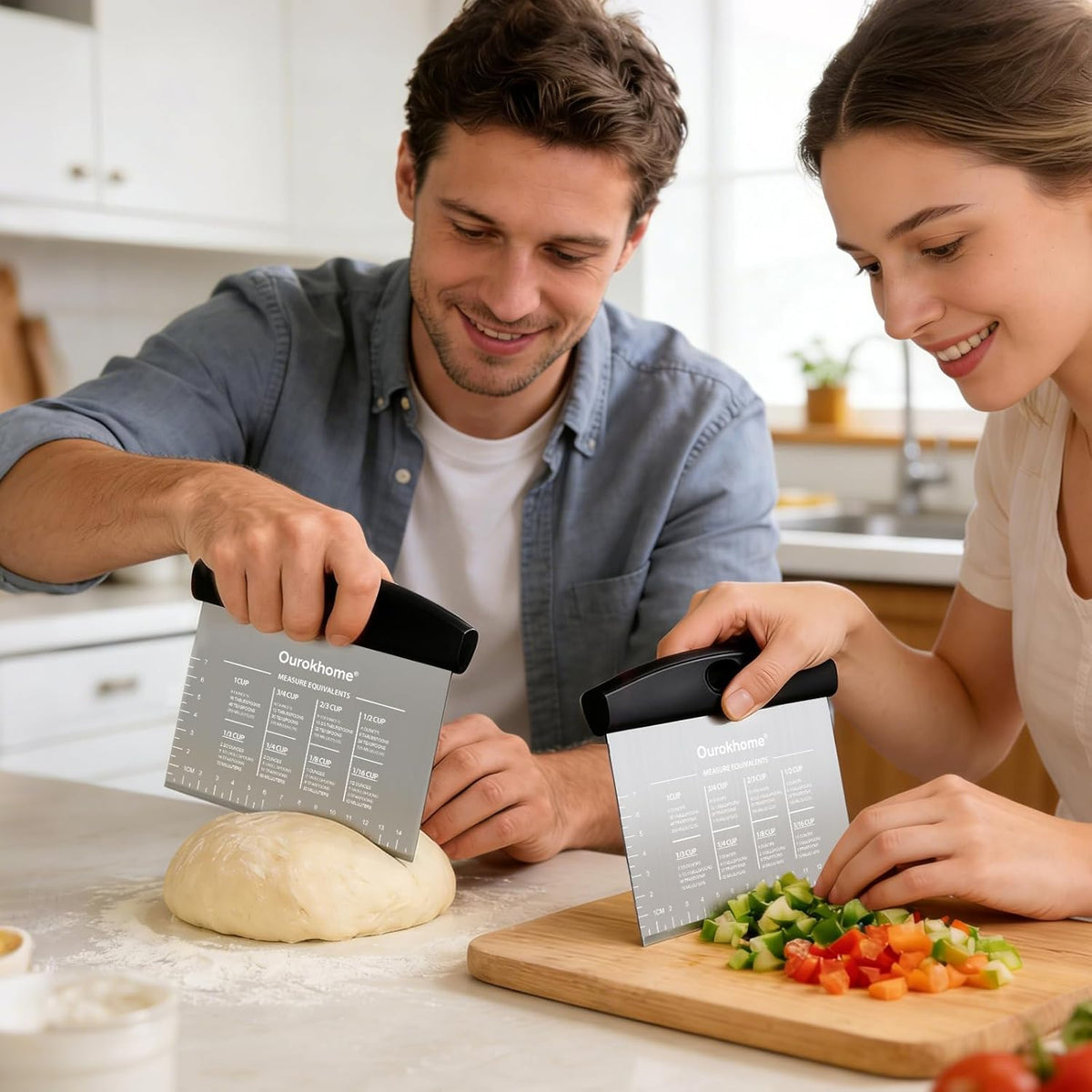 Ourokhome 2 Pack Bench Scraper Dough Cutter, Stainless Steel Dough Scraper with Laser-Etched Scale, Conversion Chart, Non-Slip Handle, Dishwasher Safe for Bread &amp; Pastry, Black