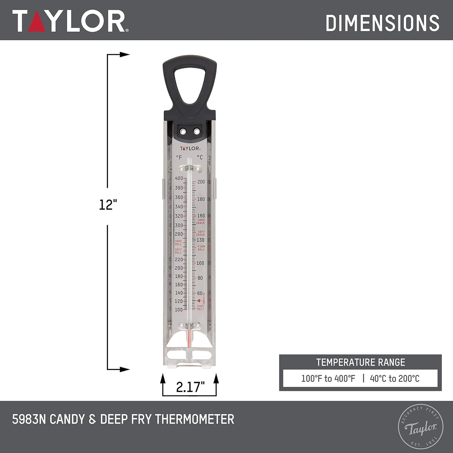 Taylor Programmable Digital Candy and Deep Fry Thermometer with Green Light Alert Display &amp; Stainless Steel Candy Deep Fry Food Cooking Kitchen Analog Thermometer, 12 Inches