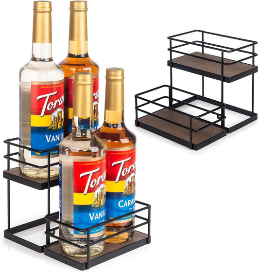 4 Bottle Capacity Coffee Syrup Organizer 2 Tier Coffee Syrup Stand Shelf for Coffee Bar Kitchen Small Wine Rack for Bar
