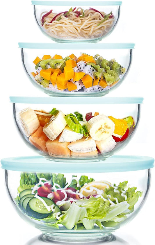 WhiteRhino 8 Piece Glass Bowls with Lids, Heat Resistant Glass Mixing Bowls Set (3.7QT, 2.1QT, 1.1QT, 0.53QT), Clear Salad