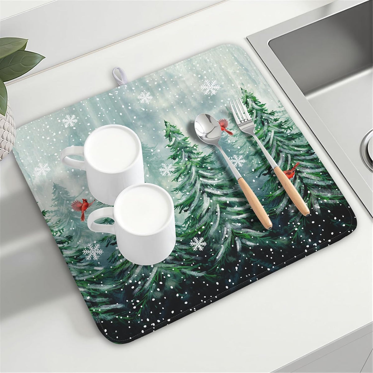 Welcome Winter Pines Tree Dish Drying Mat, Winter Snowflake Dish Drying Mat for Kitchen Counter, Red Birds Absorbent Fast Dry Dish Drainer Mat Protector Xmas Microfiber Dish Drying Pad 16"x18"