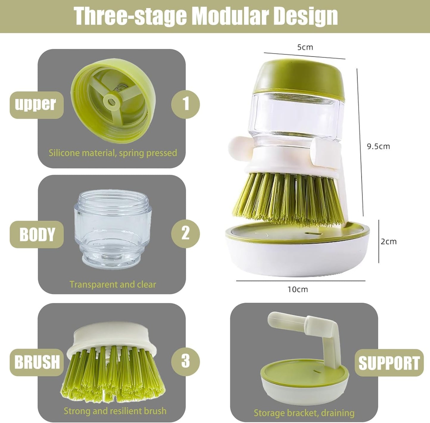 Soap Dispenser with Dish Brush and Storage Bracket, Easy to Clean Kitchen Utensils and Sink, Gray