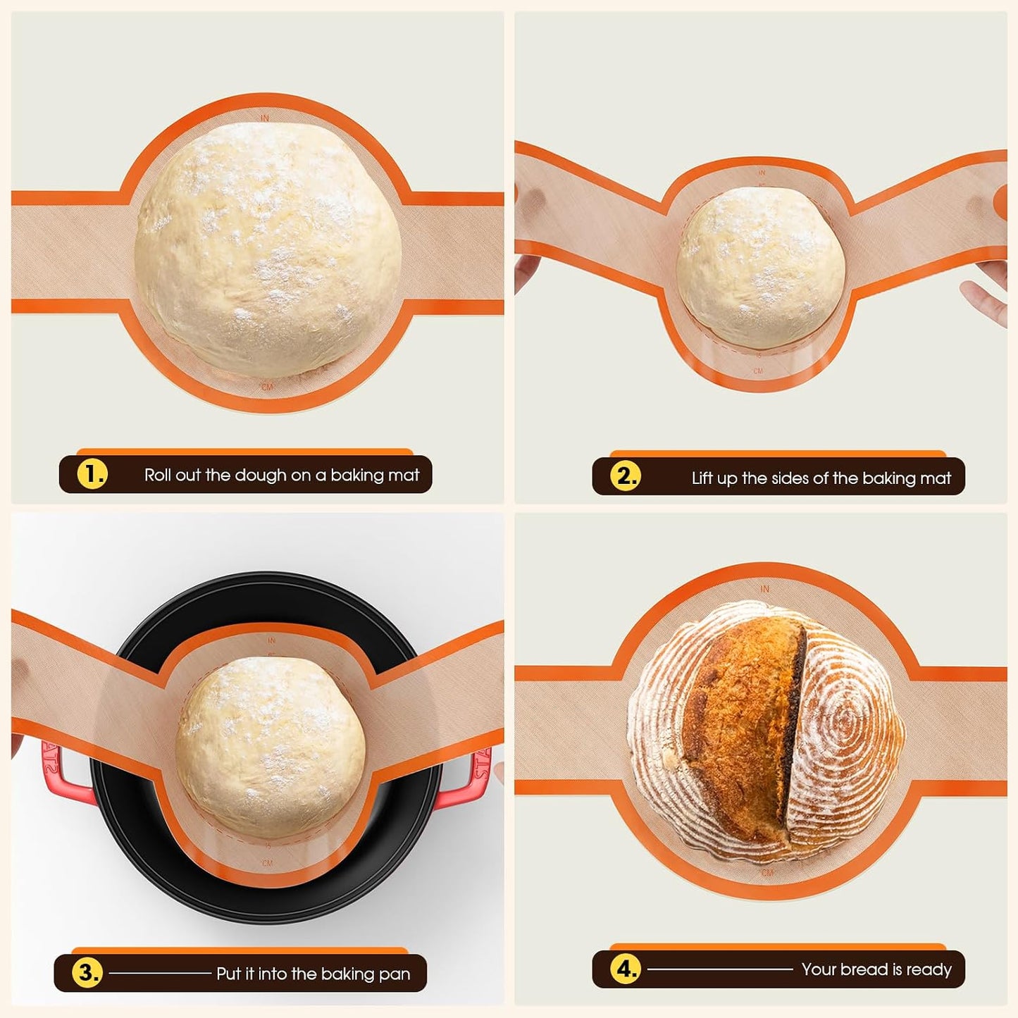 Dizywiee Silicone Bread Sling for Dutch Oven, 3-Pack Non-Stick &amp; Easy to Clean Bread Baking Mat Set, Reusable Bread Sling with Long Handle to Transfer Sourdough, 01.3Pack Black+Orange+Red