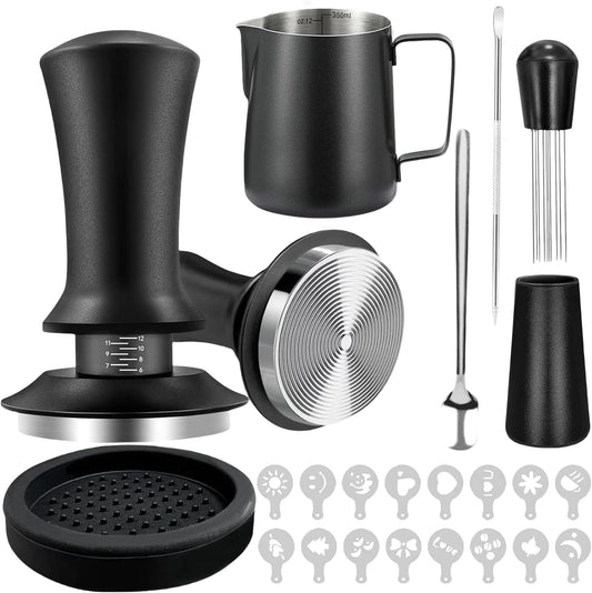 Gmnuiy22 PCS 51mm Coffee Tamper ，Espresso Accessories，Barista Kit with Espresso Tamper ，Frothing Pitcher，WDT Tool，Coffee Stirrer，Tamper Mat ，Coffee Stencils ， Latte Art Pen