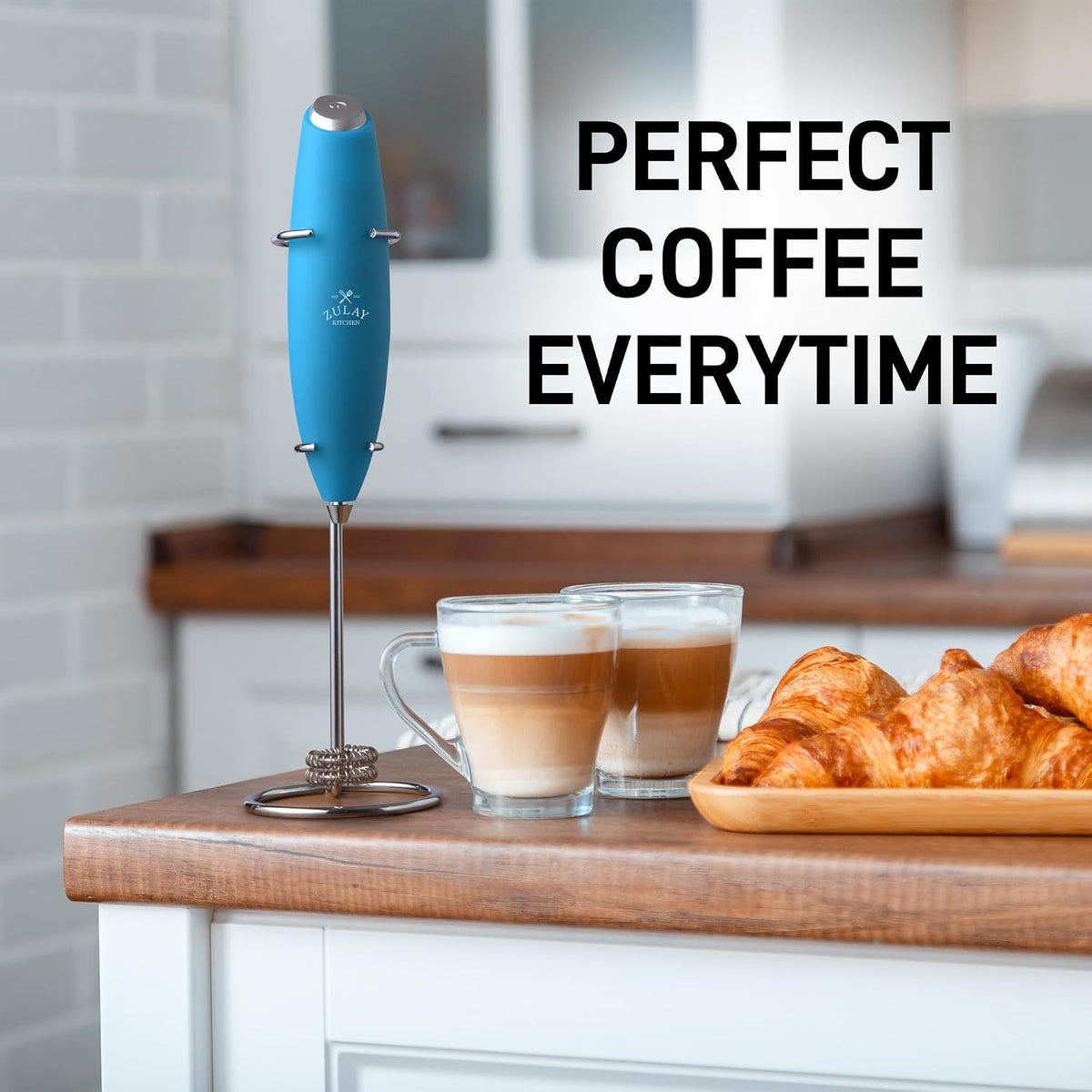 Zulay Powerful Milk Frother for Coffee with Upgraded Titanium Motor - Handheld Electric Whisk, Milk Foamer, Mini Mixer &amp; Coffee Blender for Frappe, Latte, Matcha, No Stand - Ocean Blue