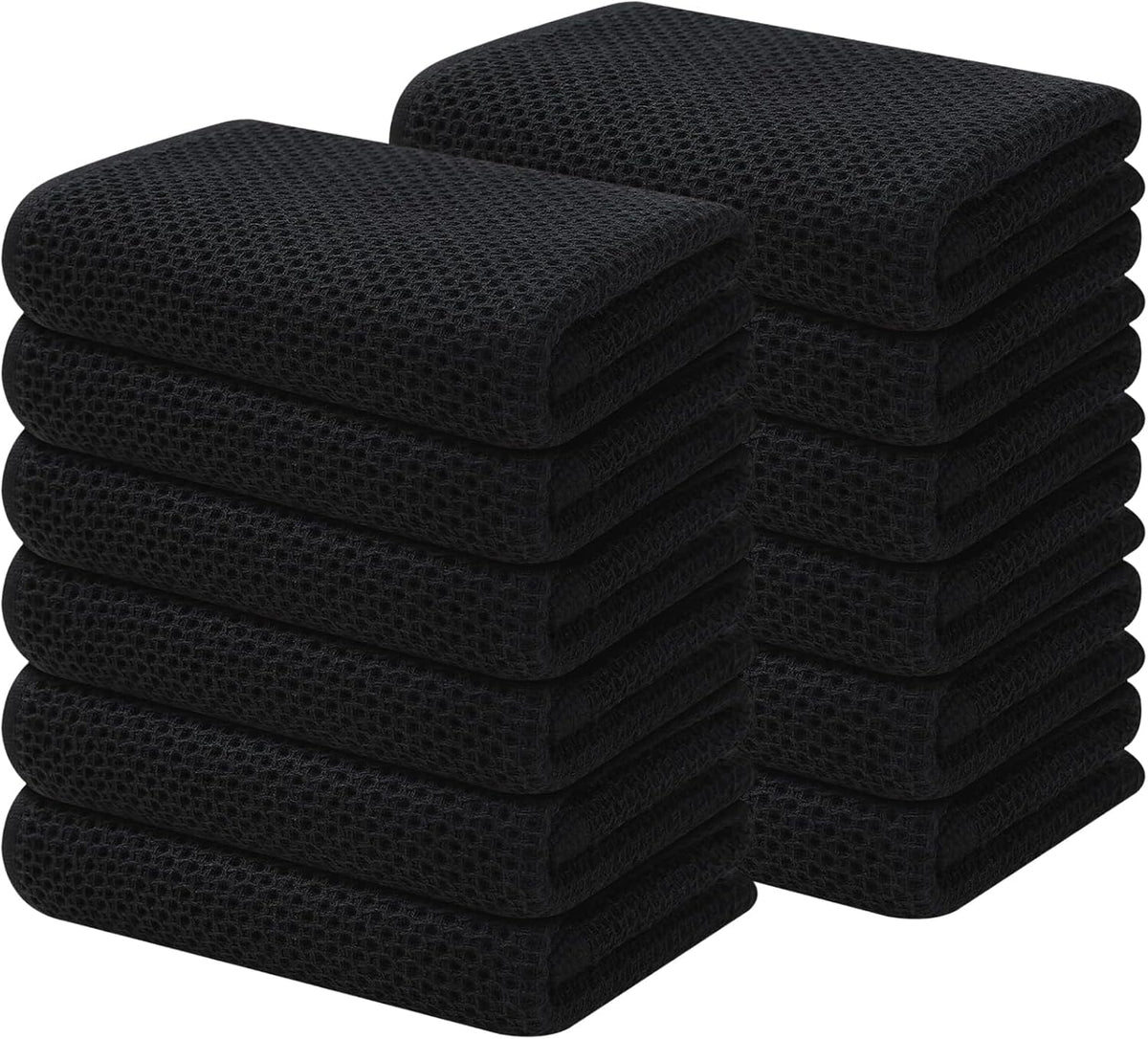Kitinjoy 100% Cotton Waffle Weave Kitchen Towels, 12-Pack Super Soft and Absorbent Kitchen Dish Towels for Drying Dishes, Kitchen Hand Towels, 13 in x 28 in, Black