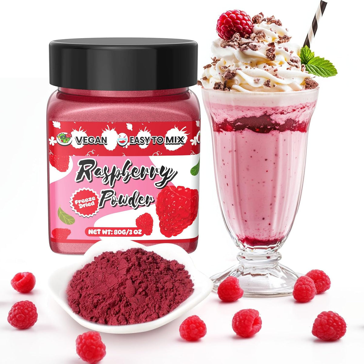 Raspberry Powder - 100% Natural Freeze Dried Raspberry Powder, No Additive Natural Food Coloring, Ideal for Baking, Smoothies, Beverages, Yogurt Bowls, Non-GMO, Vegan - 3oz