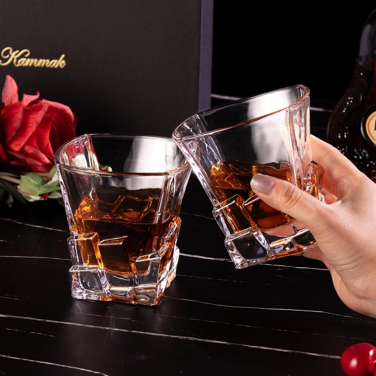 KAMMAK 330ml Ice Cube Whiskey Glass, Square - Shaped Crystal Clear Heavy - Base Tumbler for Bourbon, Scotch, Cocktails - Ideal for Home Bars and Gifting