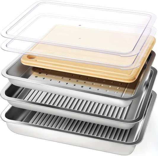Grilling Prep and Serve Trays, Stainless Steel Large Capacity Food Prep Tray, Grill Carry System, Marinade Container with