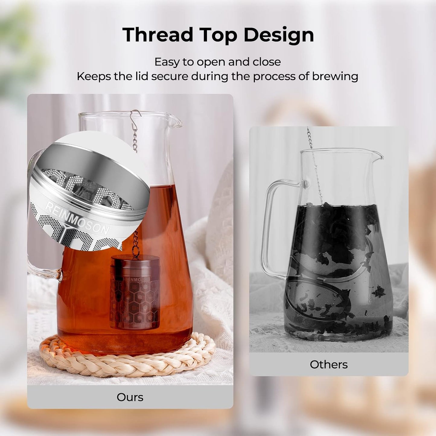 Reinmoson Extra Fine Mesh Tea Strainers for Loose Tea 1.5” x 2.2” | 304 Stainless Steel Tea Infuser for Loose Leaf Tea Steeper, Updated Slim Threaded Lid, Tea Ball for Mug, Cup, Teapot, Kettle