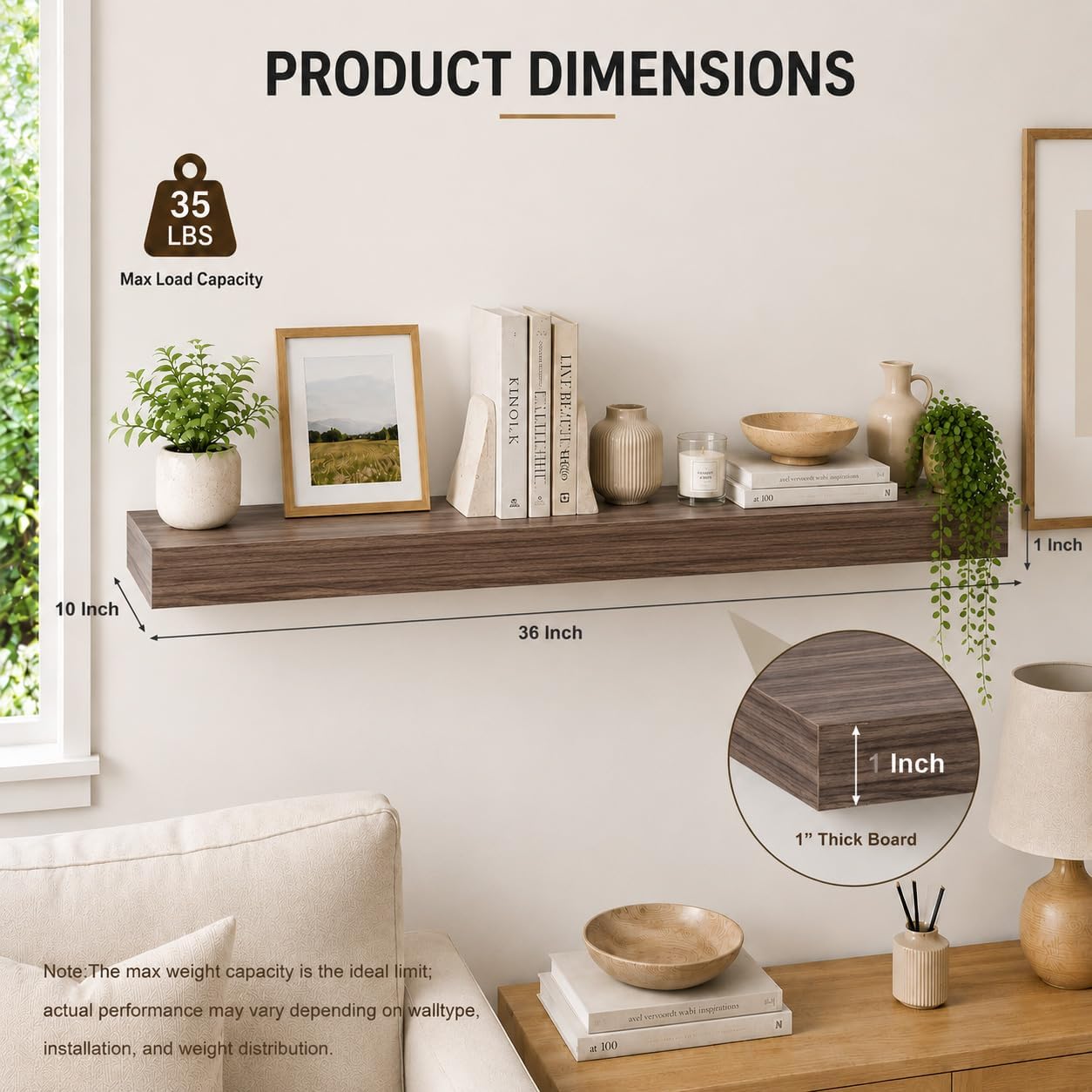 Floating Shelf, Set of 1 Wall Shelf, 36 in W x 12.75 in D x 2 in H Wooden Floating Wall Shelf with Invisible Brackets for Living Room/Bedroom/Bathroom/Kitchen Storage and Decor, Walnut