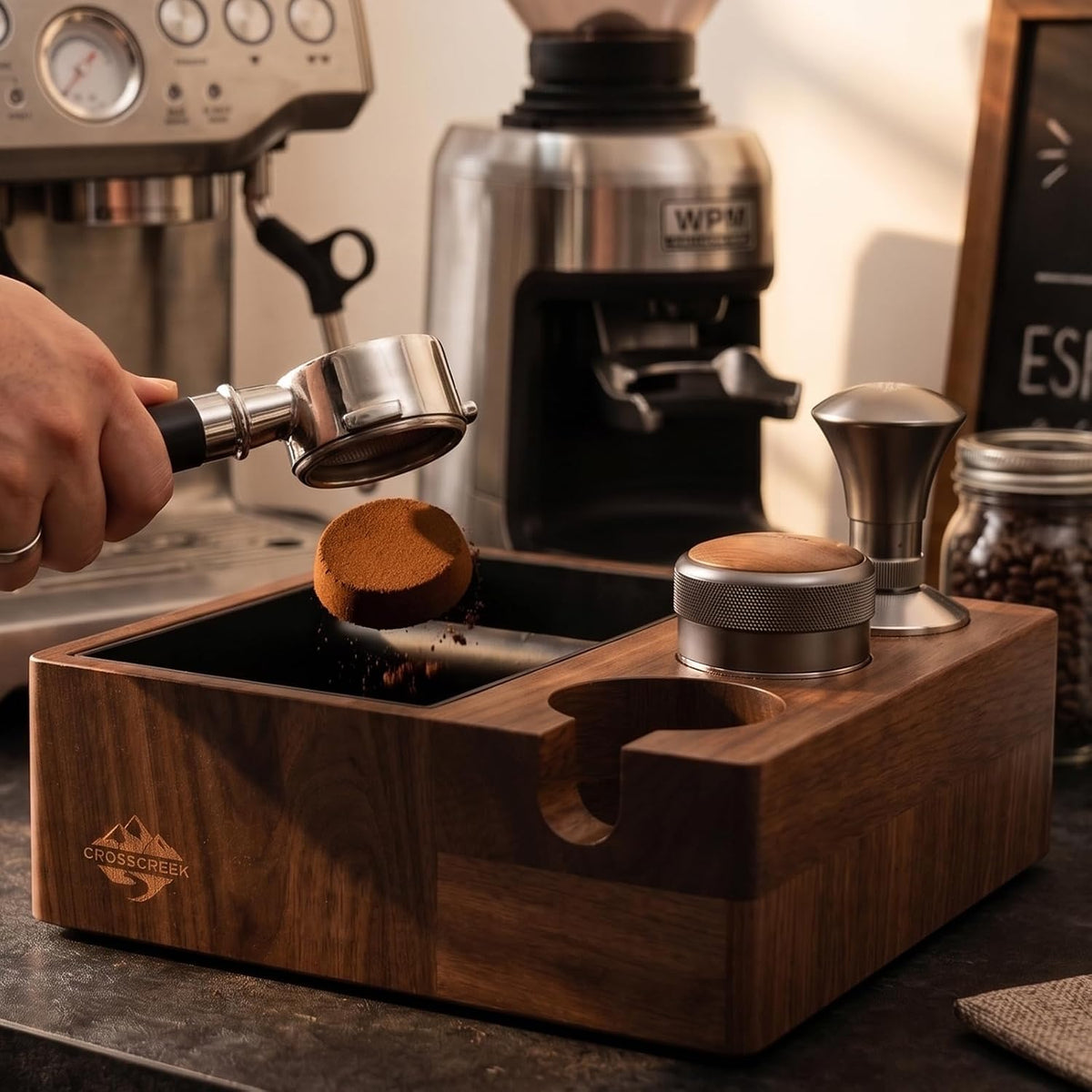 Coffee Knock Box for 58mm Portafilter - 4-in-1 Natural Walnut Espresso Tamping Station, Distributor &amp; Tamper Holder, 1.5L Large Capacity Coffee Grounds Container for Coffee Bar Accessories
