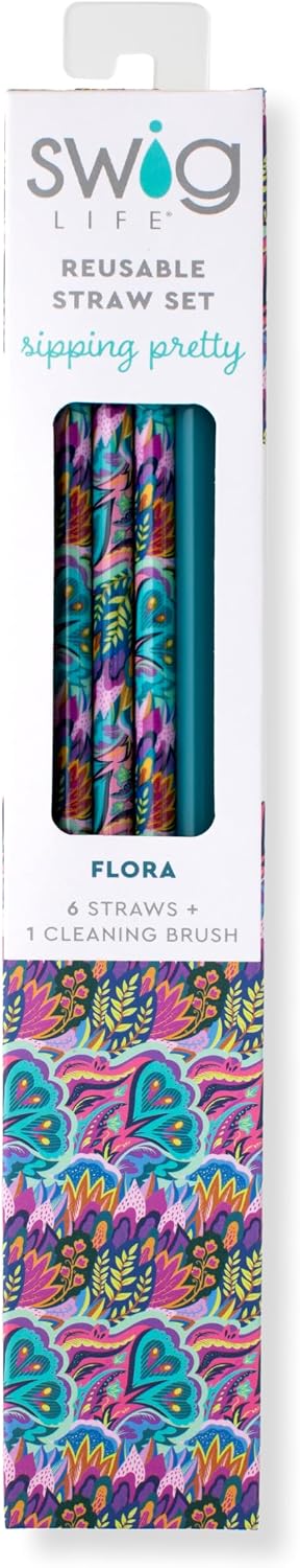 Swig Life Reusable Straw Set with Cleaning Brush, Bazaar + Teal | Reusable Straw Set - Cleaning Brush Included - 14 Inch Long - Accessories for Cups &amp; Mugs