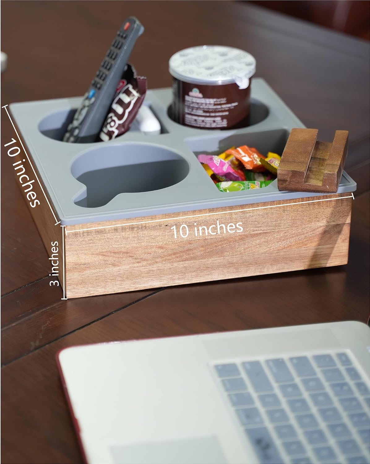 Couch Cup Holder Tray, Handy Soft Silicone Acacia Wooden Couch Caddy for Bed Car Seat Beach Organizer, Waterproof Anti-spill Couch Drink Holder for Snacks Beverage Remote (Gray)
