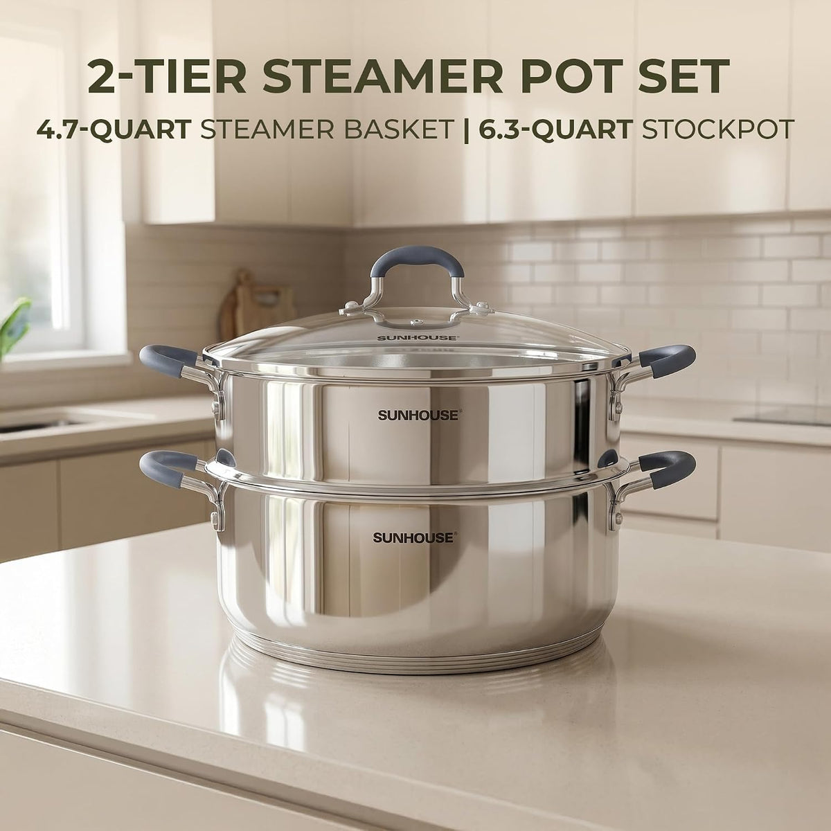 Sunhouse - 5.5 Quarts Steamer Pots With Lid 2-Tier Multipurpose Stainless Steel Steaming Pot Cookware For Vegetable, Dumpling, Sauce, Food - Triple Bottom, Measurement Line