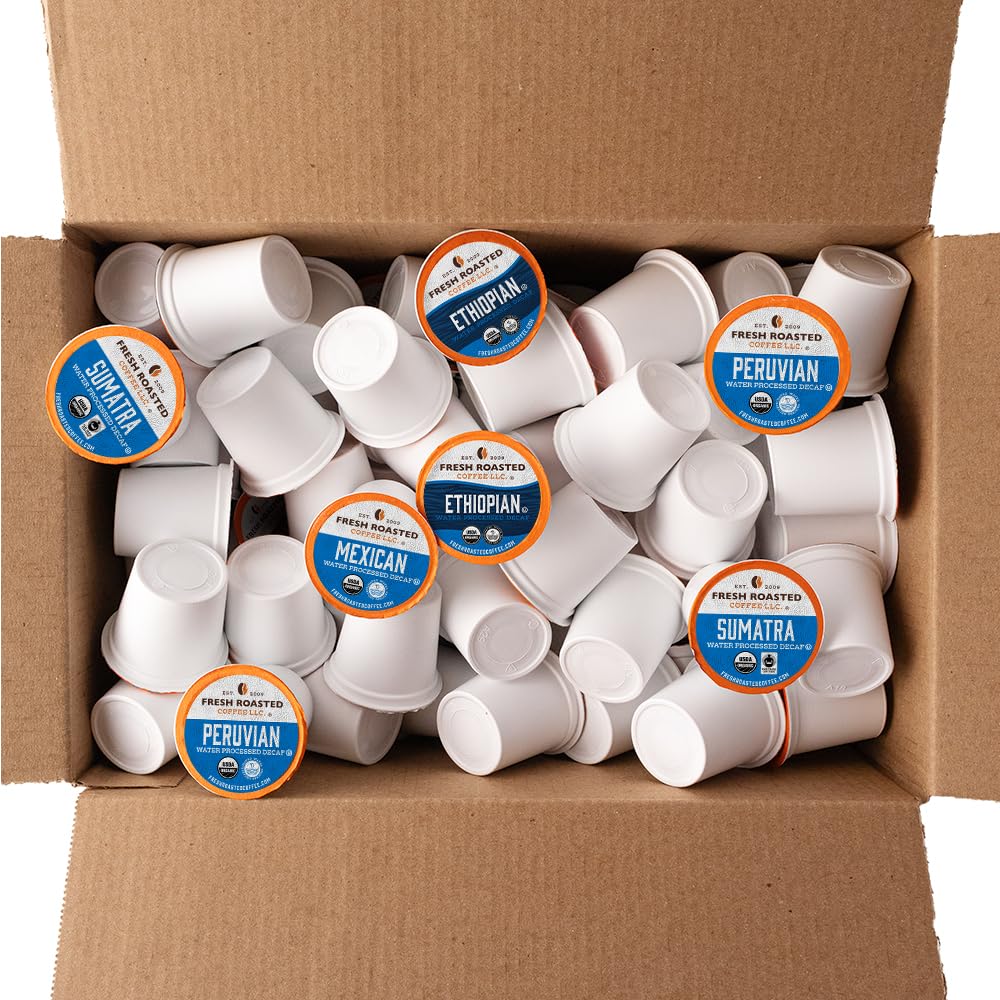 Fresh Roasted Coffee, Organic Variety Pack Water-Processed Decaf K-Cup Pods for Keurig Brewers, Medium Roast, USDA Organic, Kosher, 96 Count Loose Pack