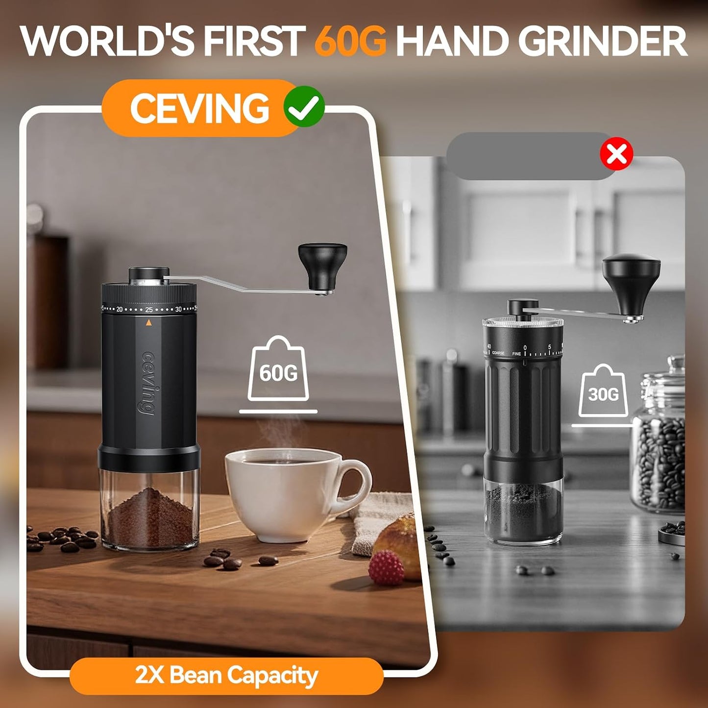 CEVING World's First 60g Large Capacity Manual Coffee Grinder, Black | 40 External Settings, Portable Hand Coffee Bean Mill with Stainless Steel Conical Burr for Travel, Camping, Pour Over &amp; Gift