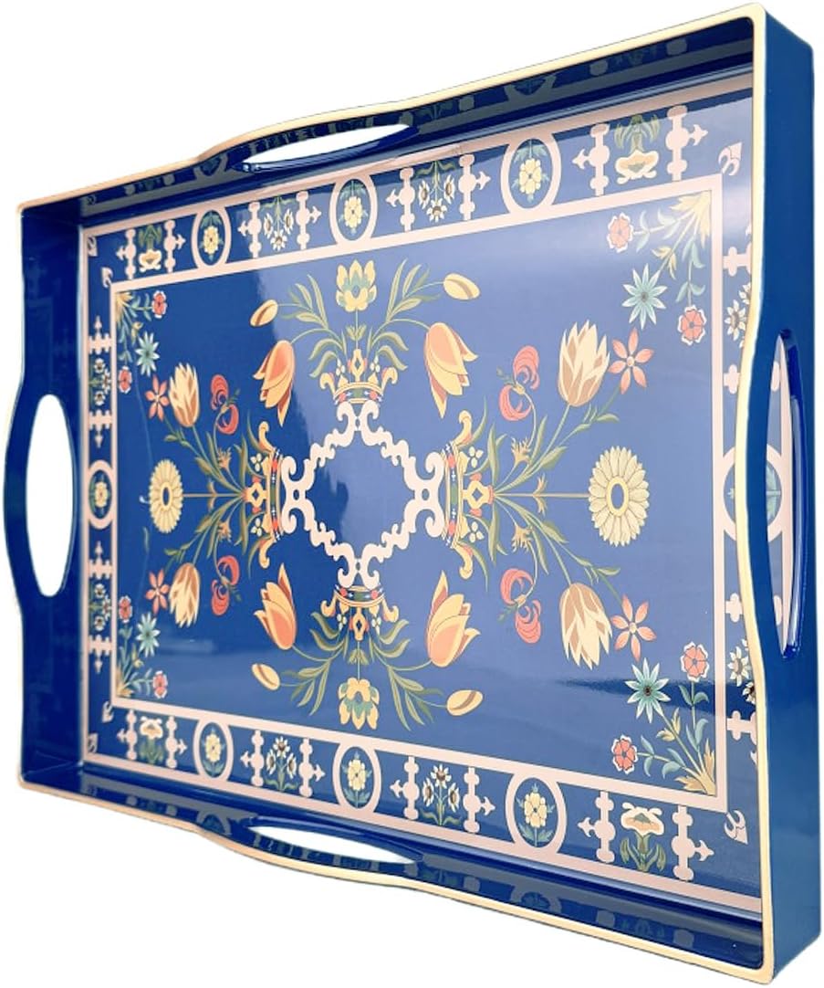 Boho Blue Decorative Tray, Serving Tray with 4 Handles, Plastic Tray for Coffee Table, Ottoman - Ide